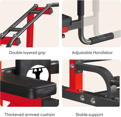 Gym equipment with features highlighted: double-layered grip, adjustable handlebar, thick armrest cushion, and stable support.
