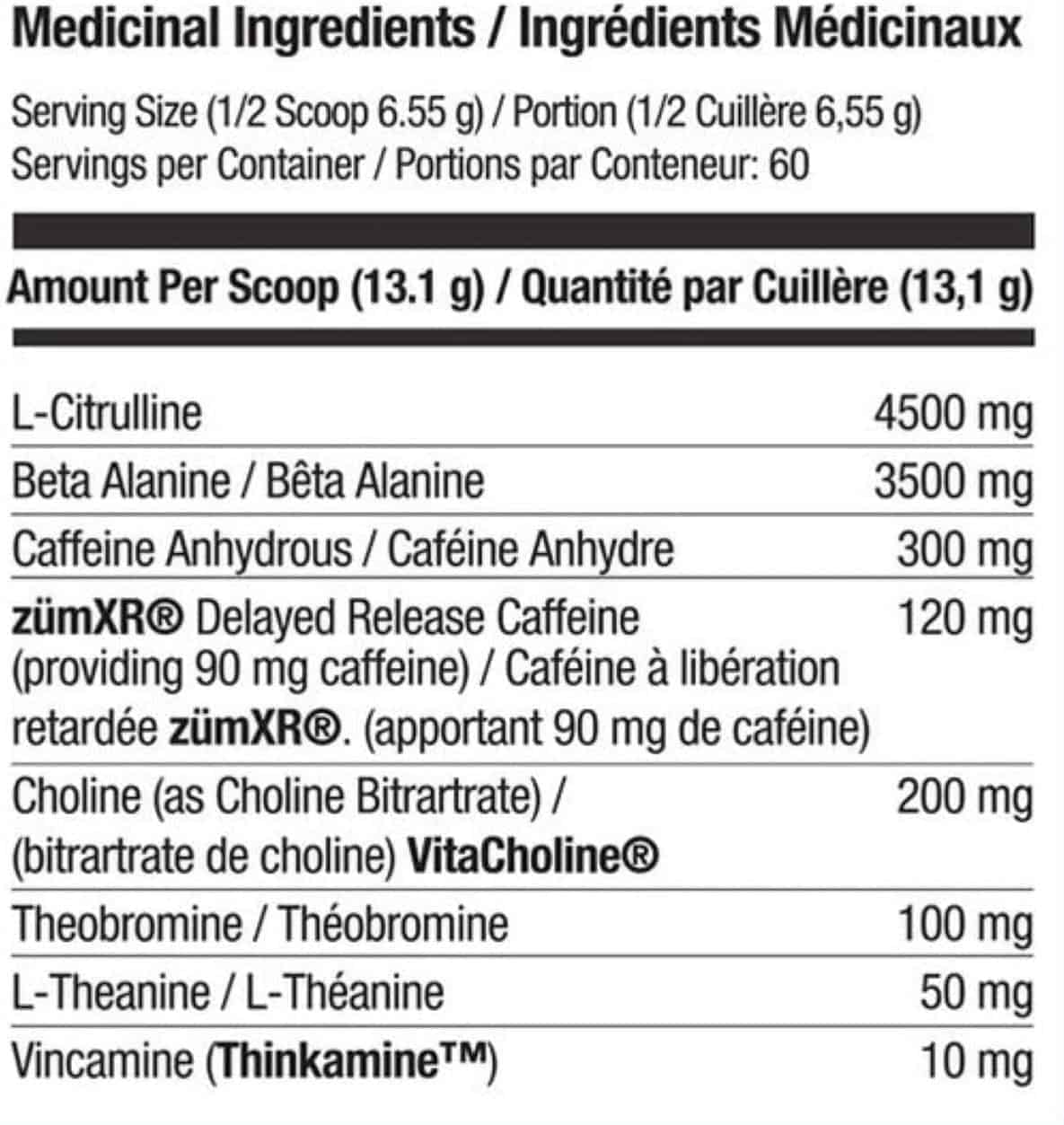 Nutritional label with medicinal ingredients and their amounts per scoop on a black background.