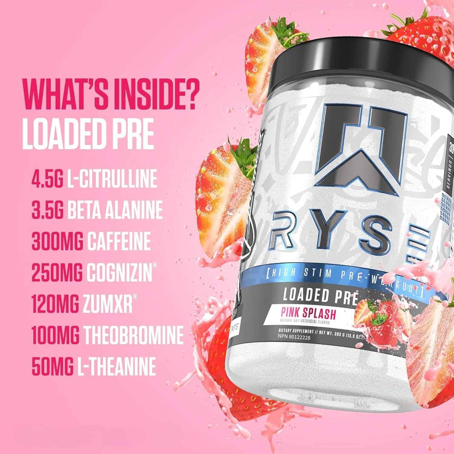 Oryx Loaded Pre supplement container with ingredients listed on a pink background