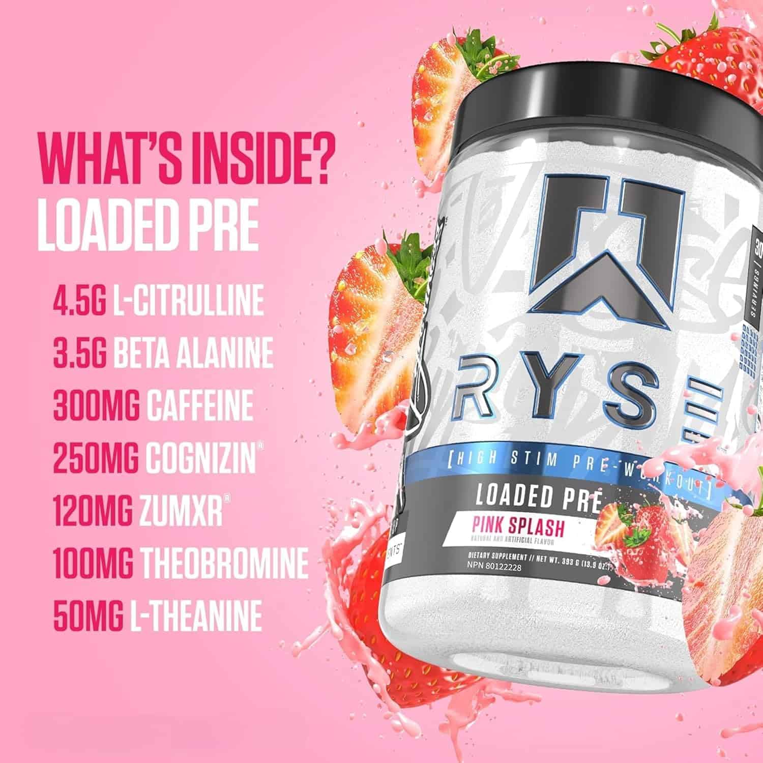 Oryx Loaded Pre supplement container with ingredients listed on a pink background