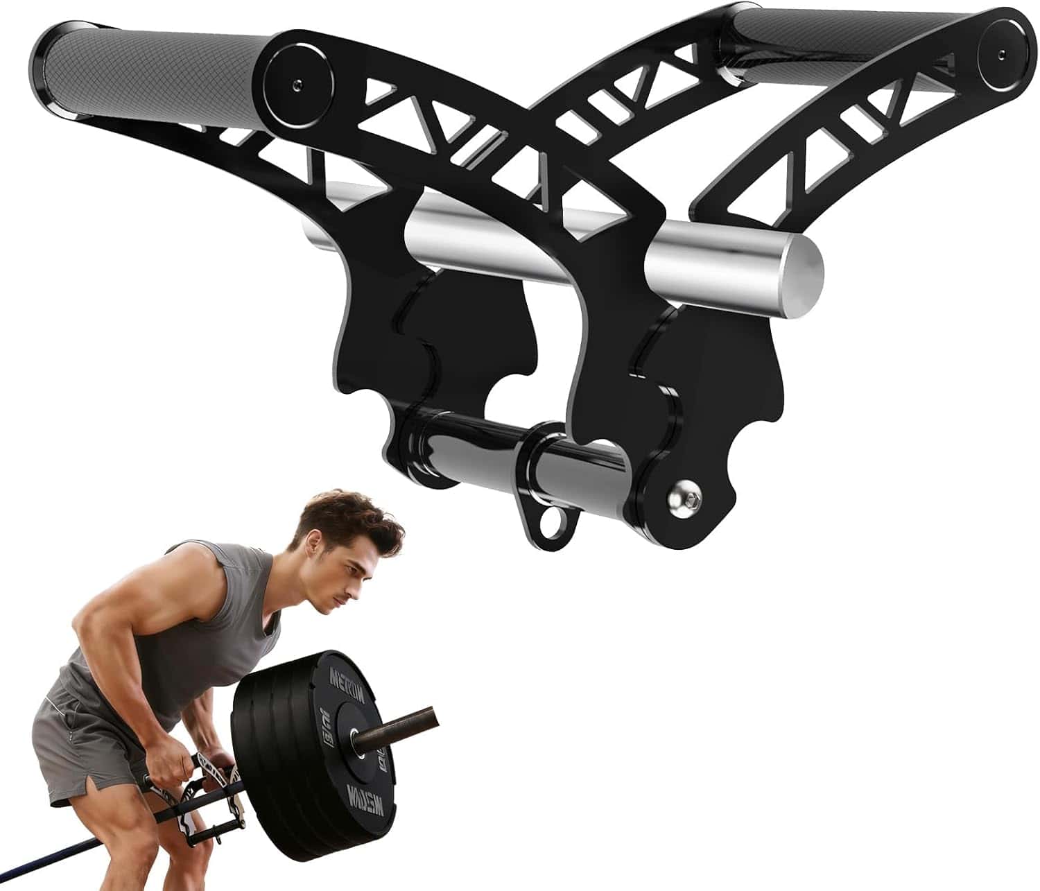 Black and silver weightlifting辅助器 with a man lifting weights on a white background