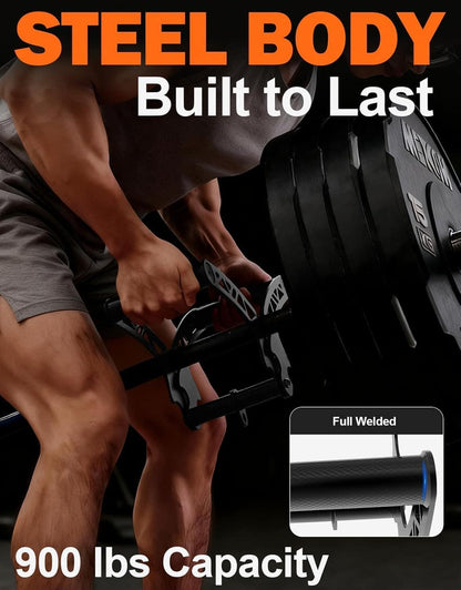 Person lifting weights with text 'Steel Body Built to Last' and '900 lbs Capacity'.