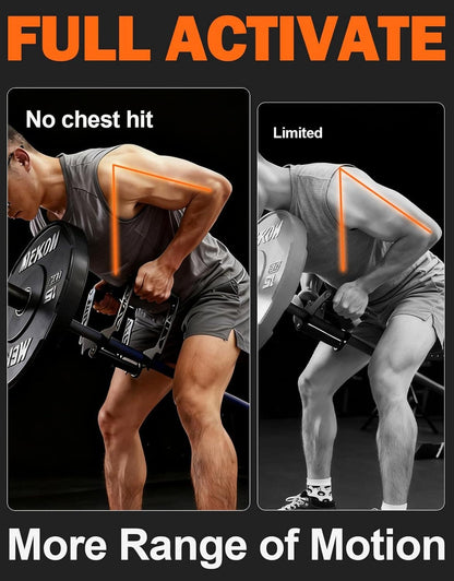 Two images showing a person using a weight machine with text about 'No chest hit' and 'More Range of Motion'.