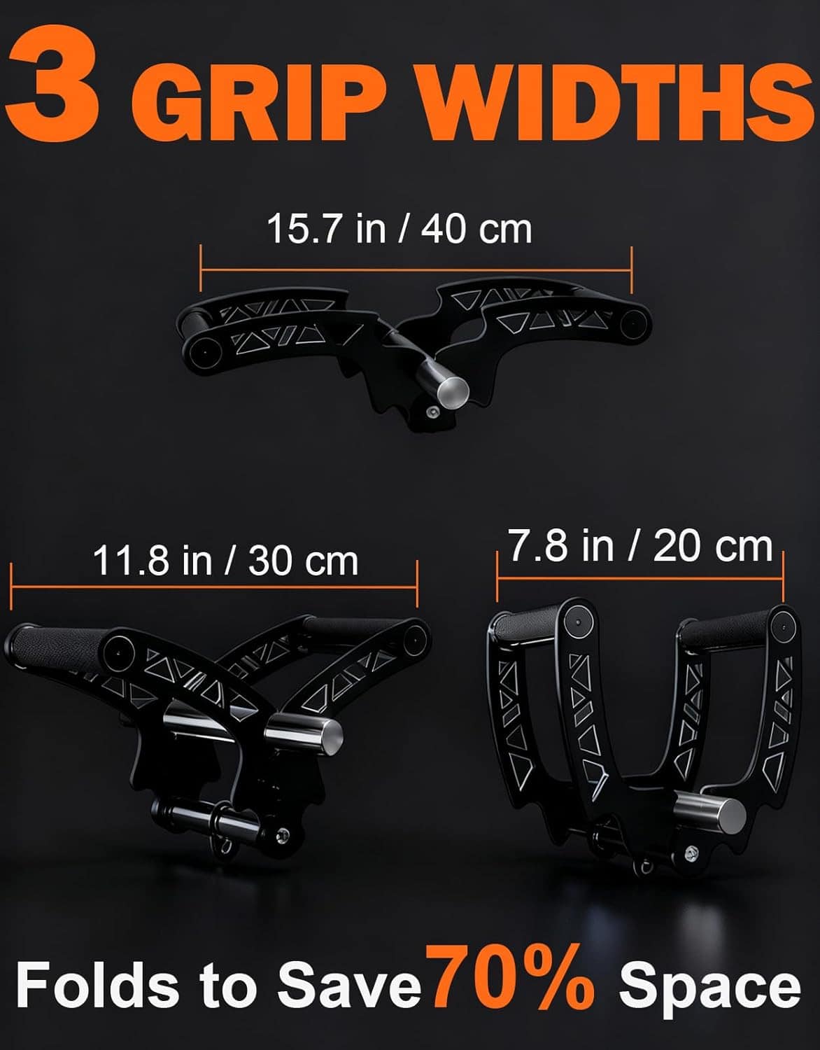 Three different grip widths with measurements and a space-saving feature on a dark background.