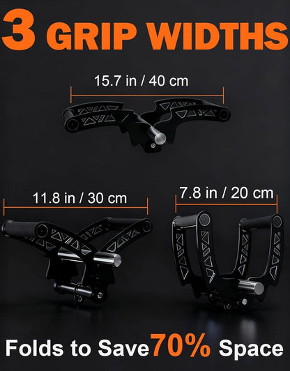 Three different grip widths with measurements and a space-saving feature on a dark background.