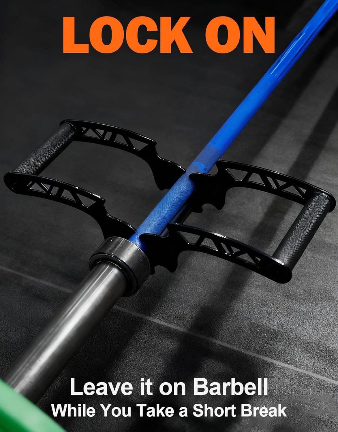 Barbell lock with text 'LOCK ON' and 'Leave it on Barbell While You Take a Short Break' on a dark background
