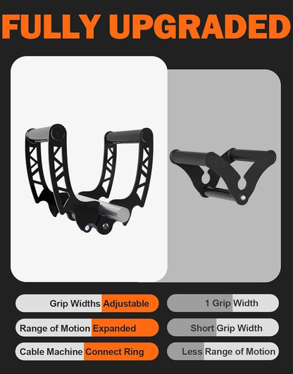 Black adjustable cable machine attachments with text highlighting features on a gray background