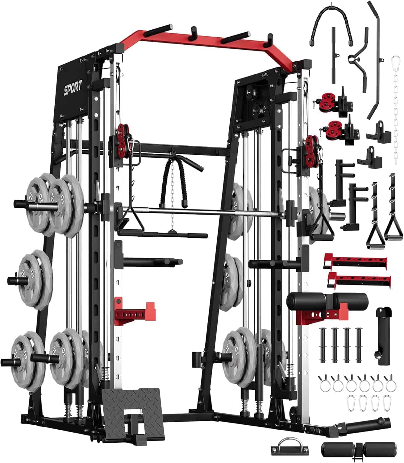 Full-body home gym with various attachments on a white background