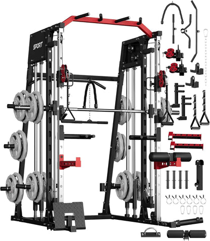 Full-body home gym with various attachments on a white background