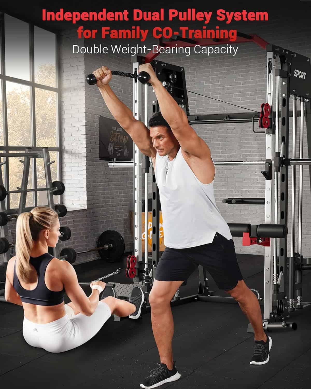 Man and woman exercising with a gym machine, text about independent dual pulley system.
