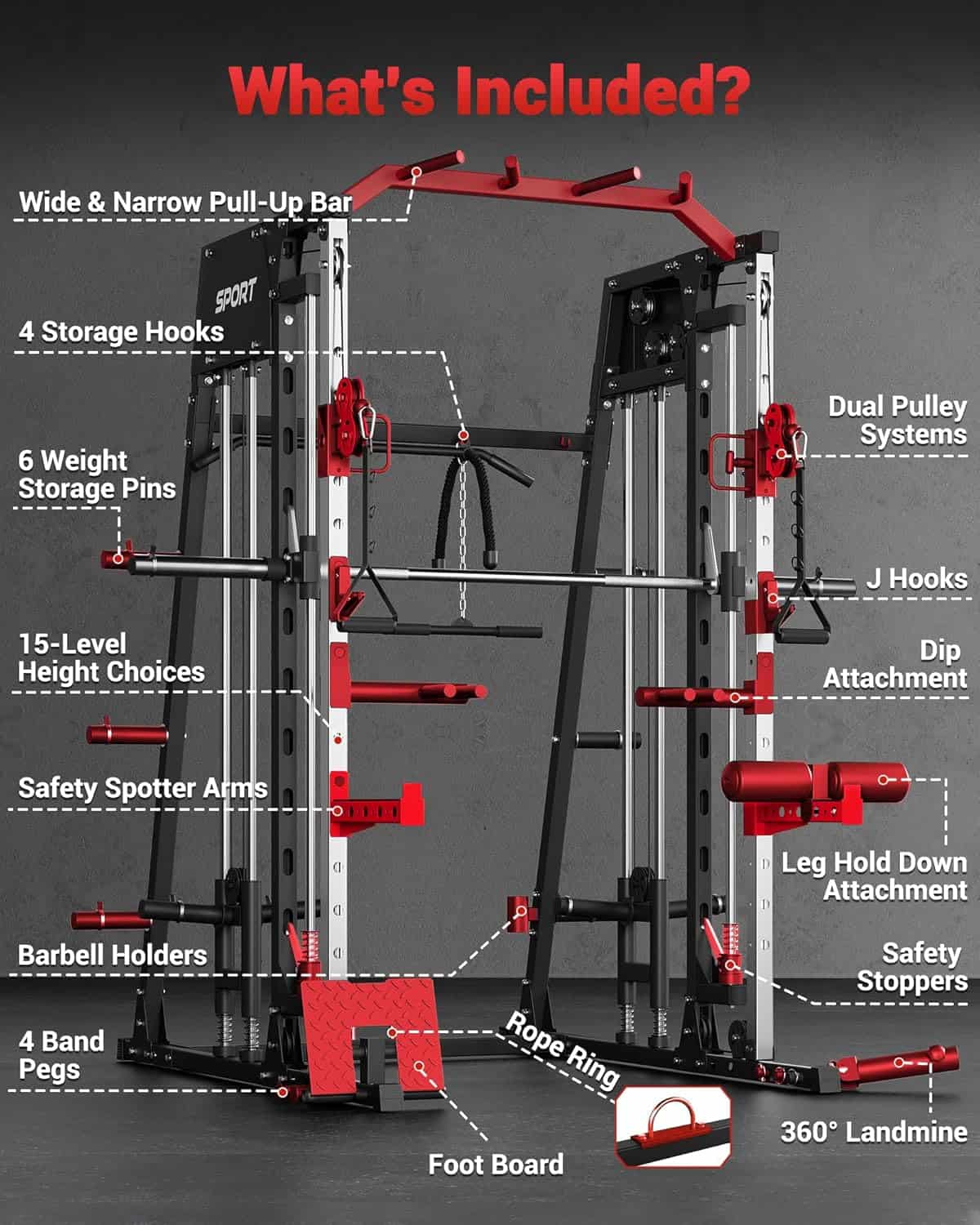 Squatre rack with labeled components on a gray background