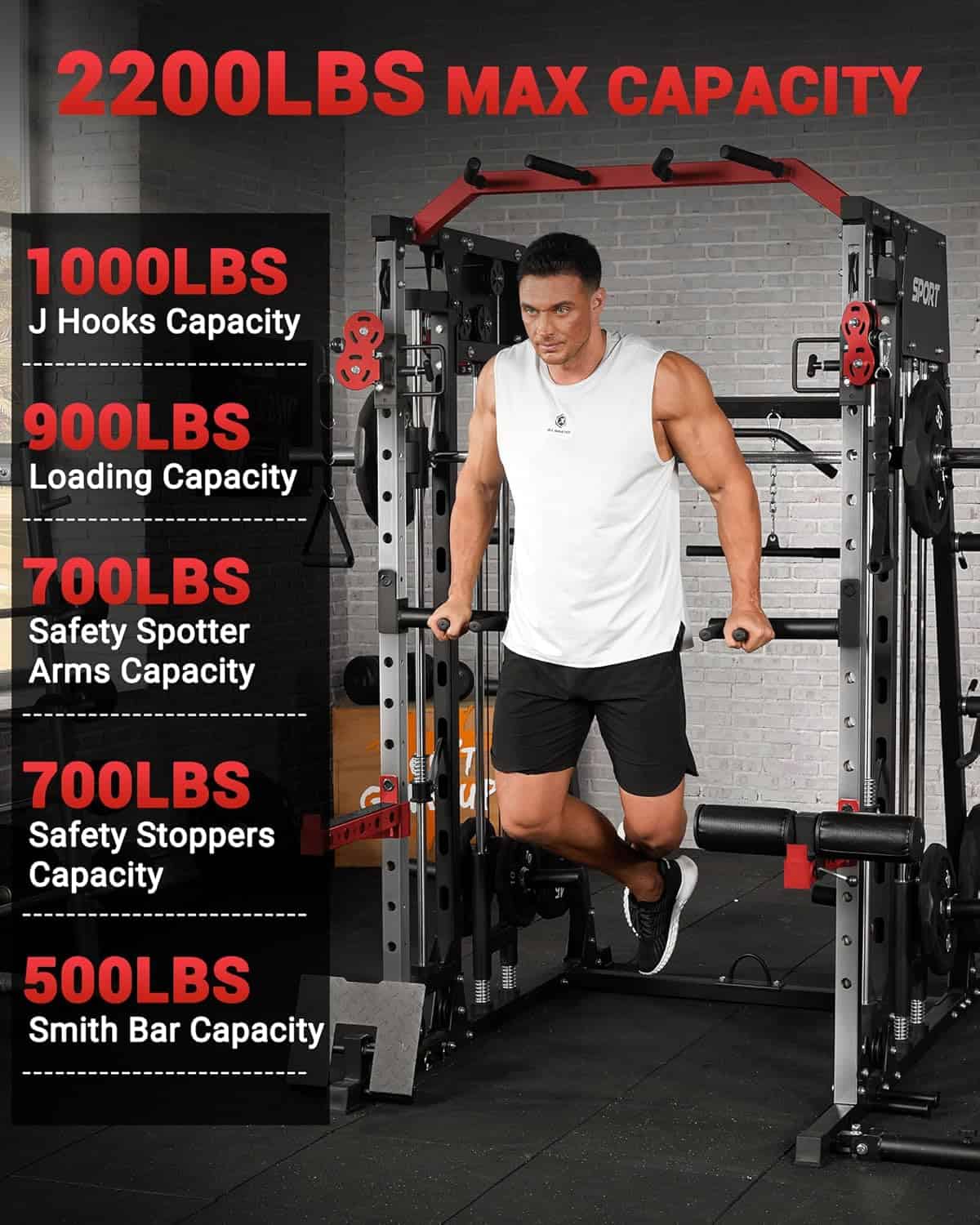 Man using a weightlifting machine with capacity specifications displayed on a black background