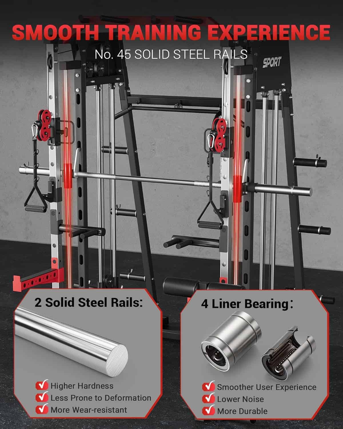 Fitness equipment with solid steel rails and liner bearings, featuring text about a smooth training experience.