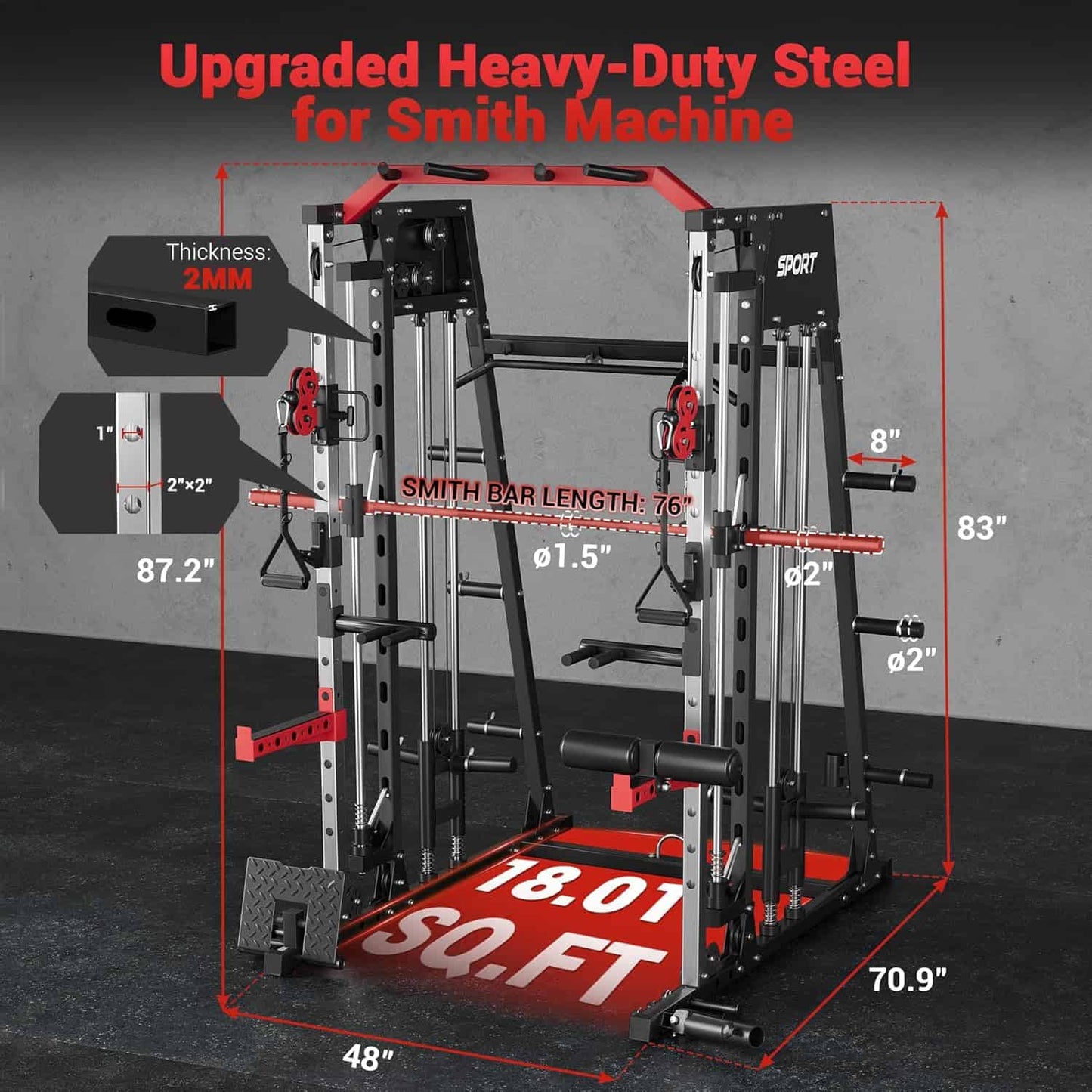 Heavy-duty Smith machine with dimensions and specifications on a gray background