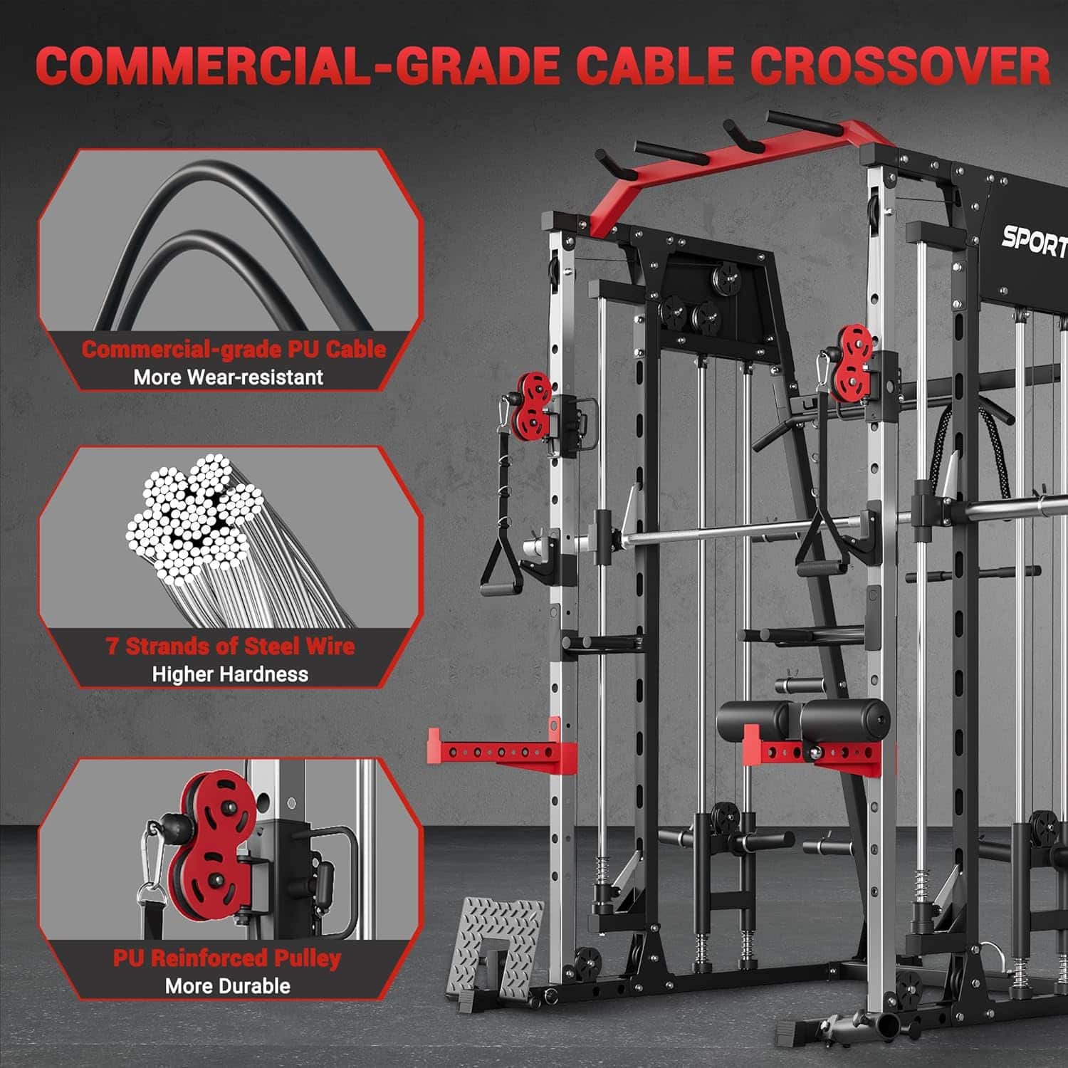 Gym cable crossover machine with commercial-grade cable features highlighted.