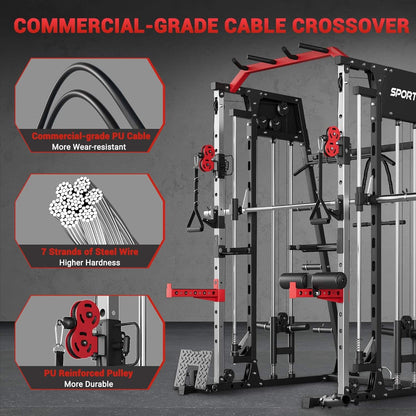 Gym cable crossover machine with commercial-grade cable features highlighted.