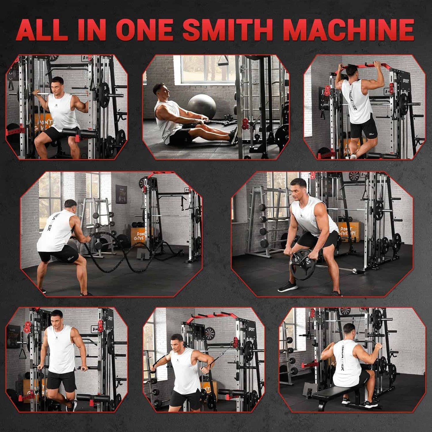Collage of a person using various gym machines with text 'All in One Smith Machine' on a dark background.