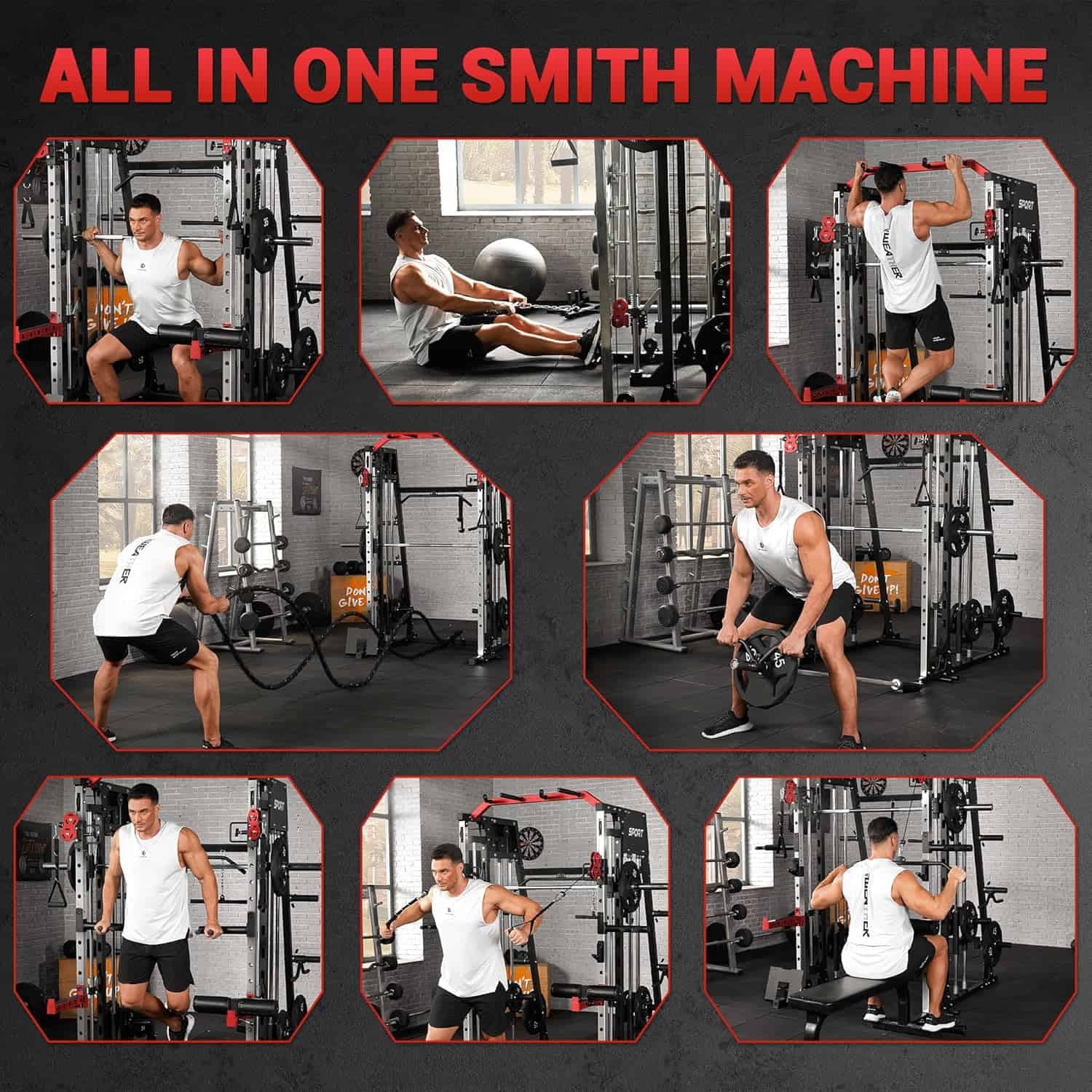 Collage of a person using various gym machines with text 'All in One Smith Machine' on a dark background.
