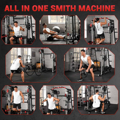 Collage of a person using various gym machines with text 'All in One Smith Machine' on a dark background.