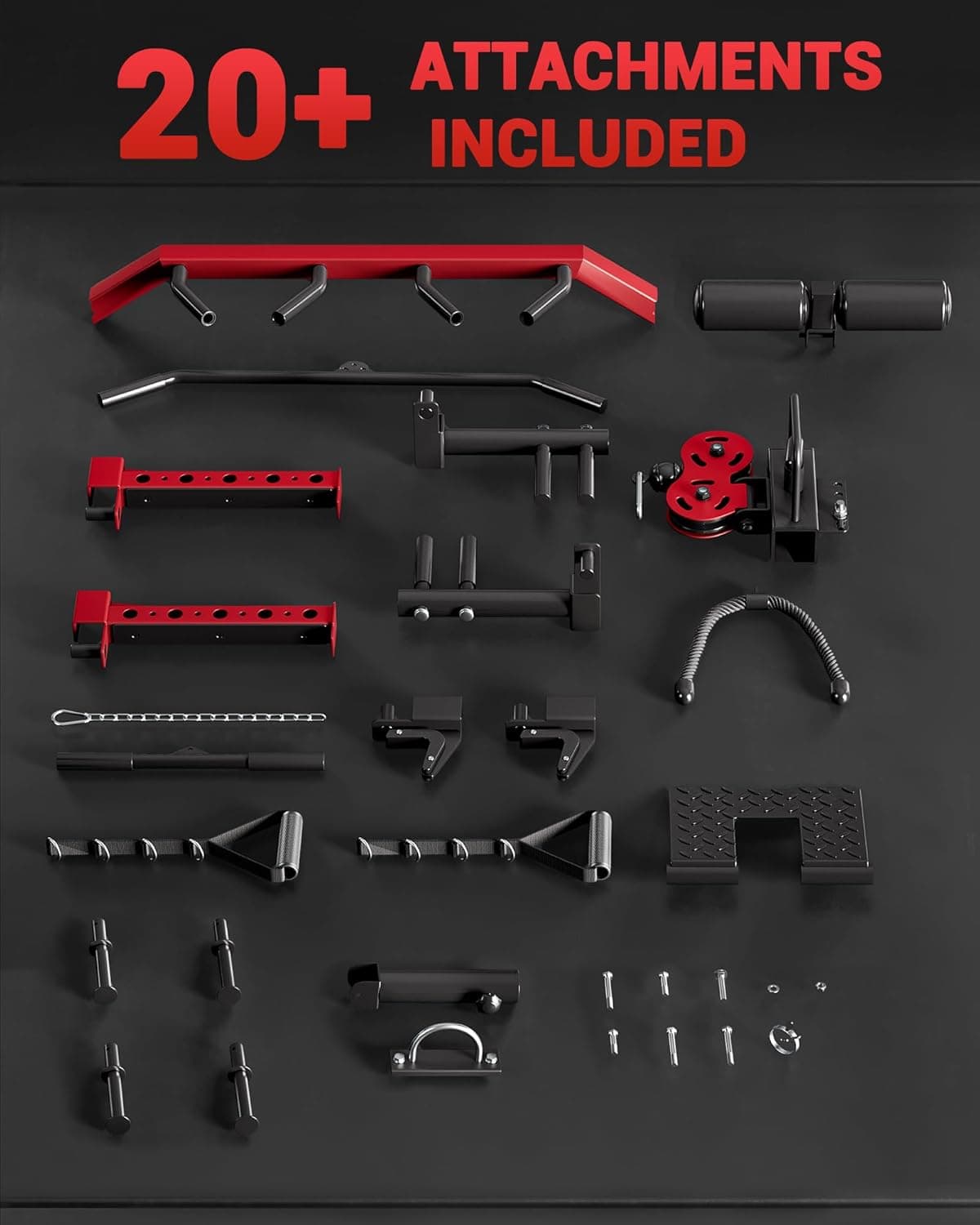 Set of mechanical attachments on a dark background with '20+ Attachments Included' text.