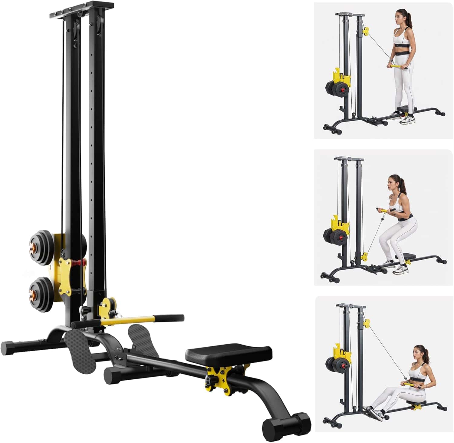 Multi-functional gym machine with various attachments and a woman using it.