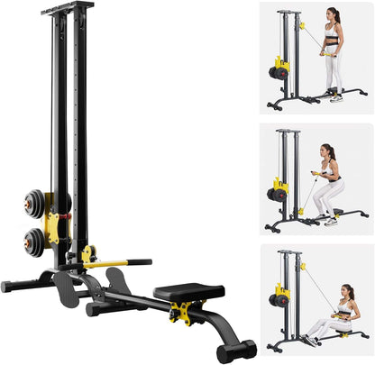 Multi-functional gym machine with various attachments and a woman using it.