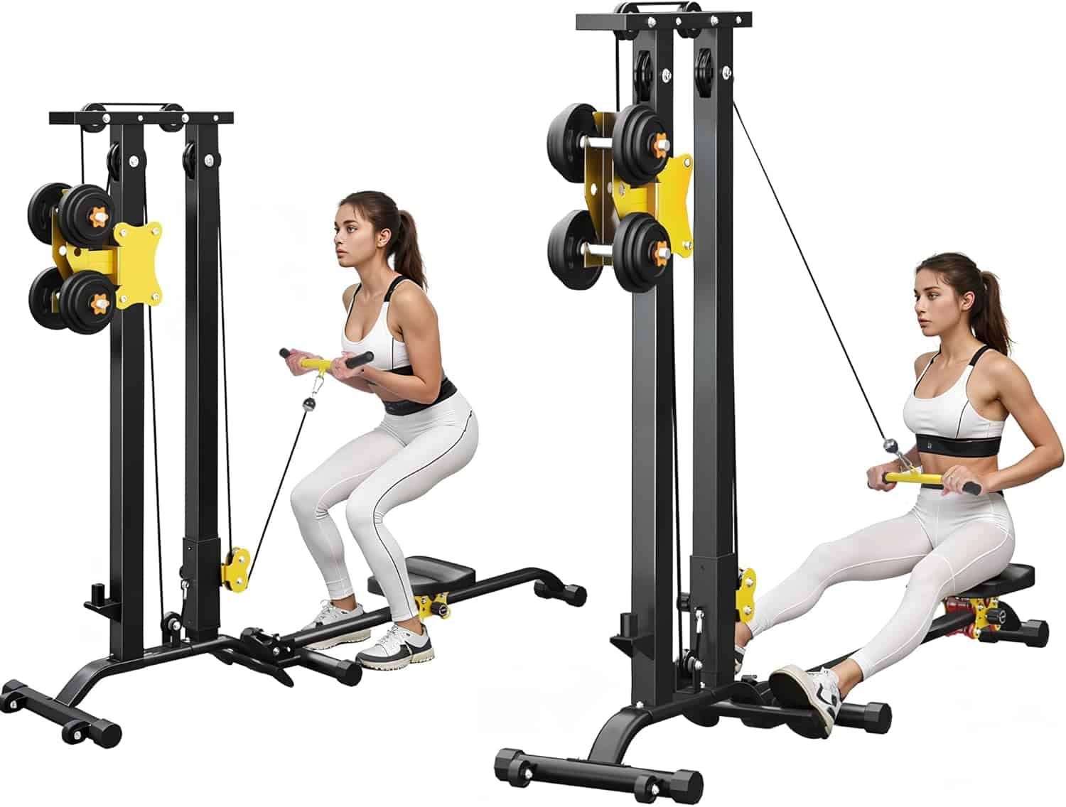 Woman using a home gym cable machine with black and yellow equipment.