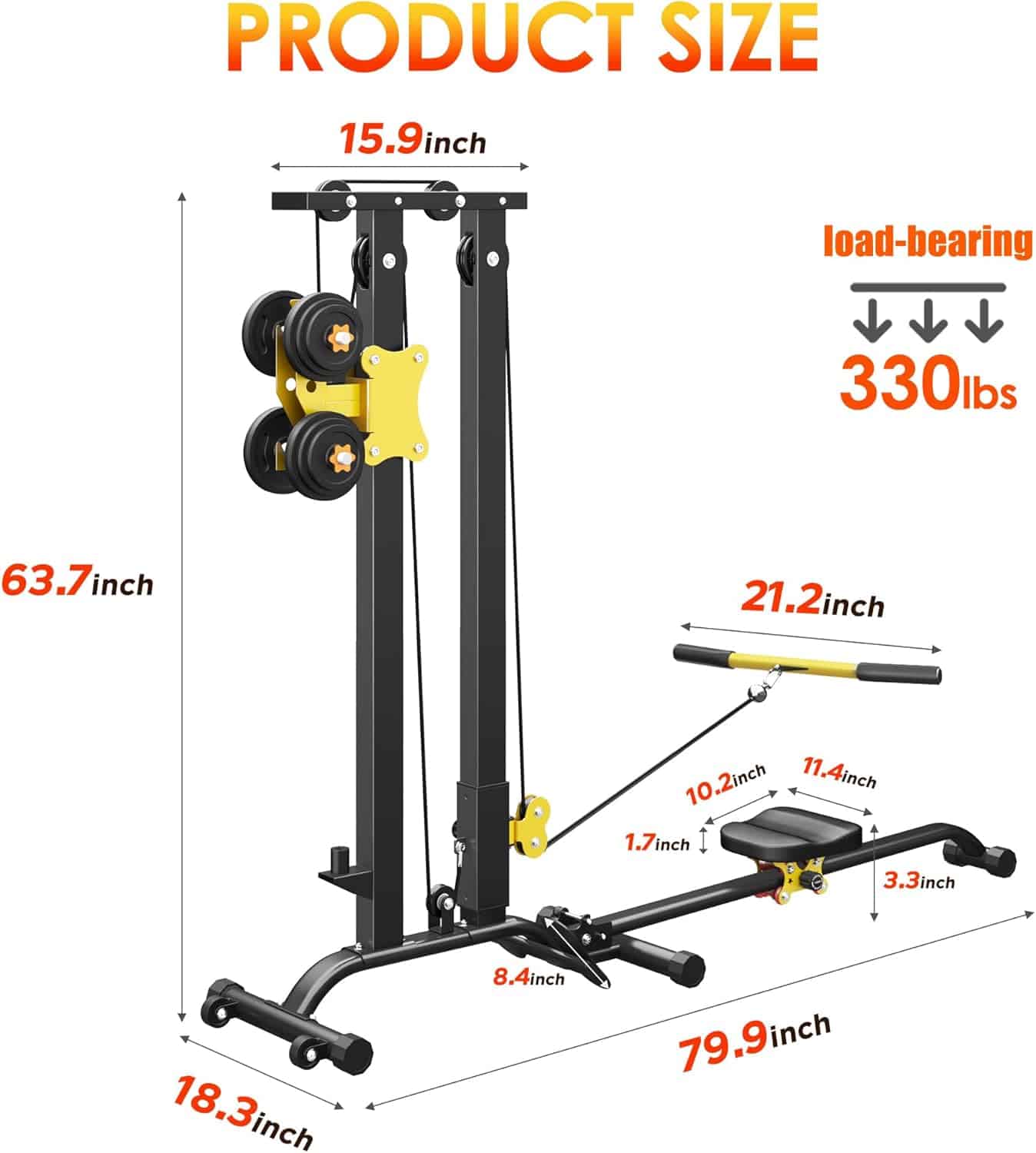 Gym pulley system with dimensions and load-bearing capacity displayed