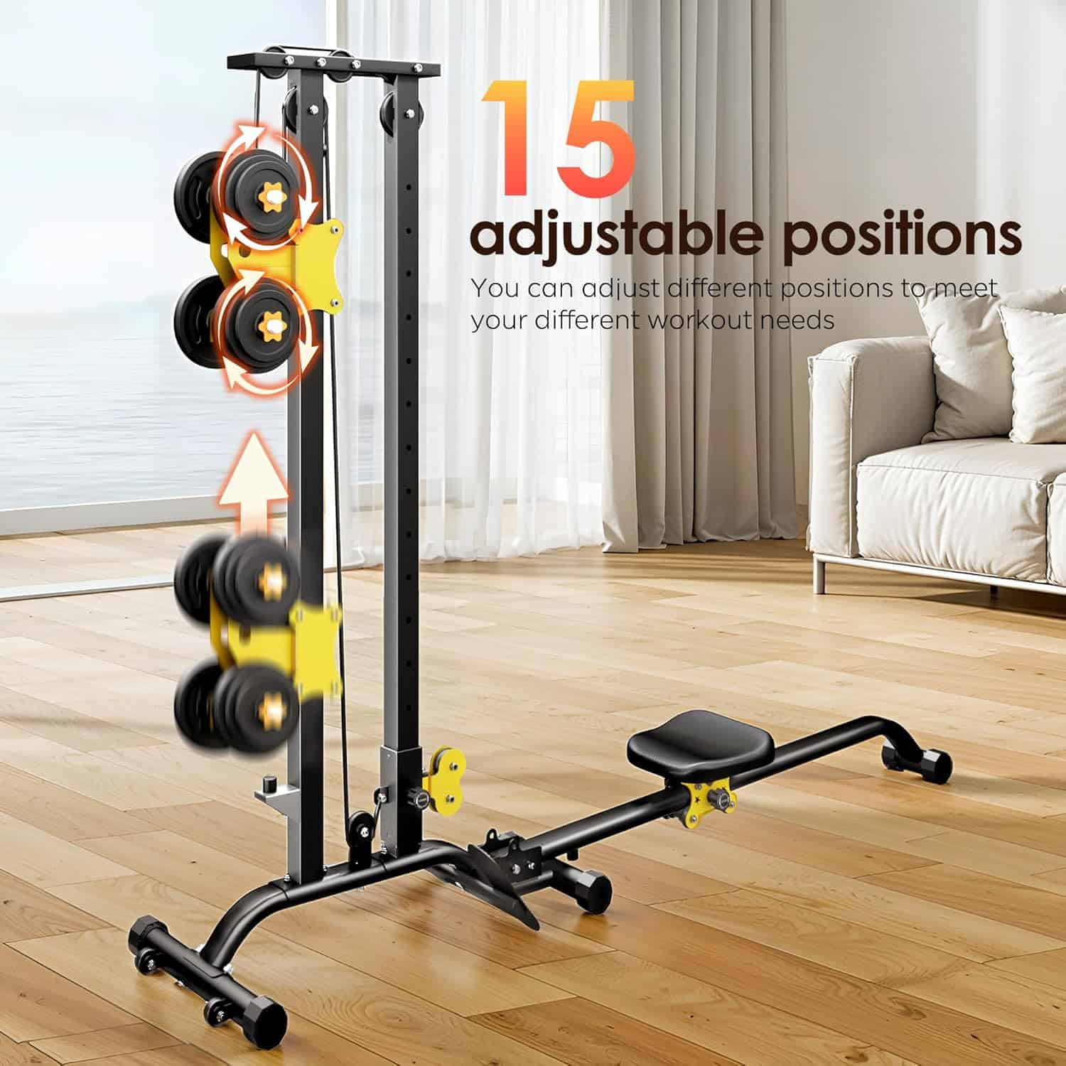Home gym cable machine with 15 adjustable positions in a living room setting.