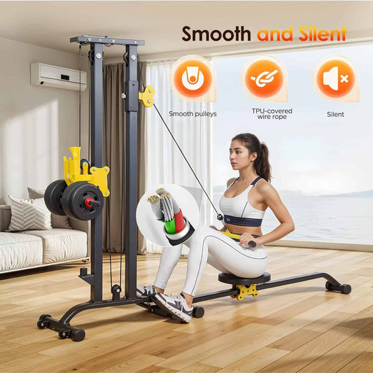 Woman using a rowing machine with smooth and silent features highlighted