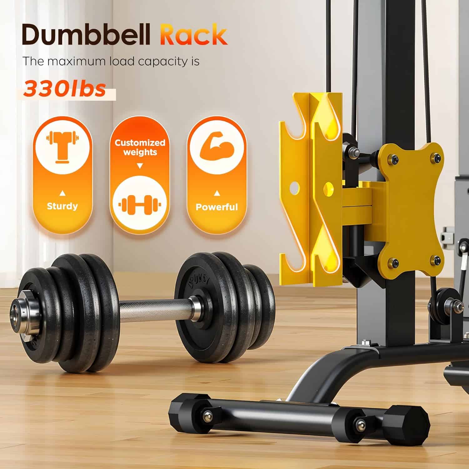 Dumbbell rack with dumbbells on a wooden floor, featuring the brand 'Dumbbell Rack'.