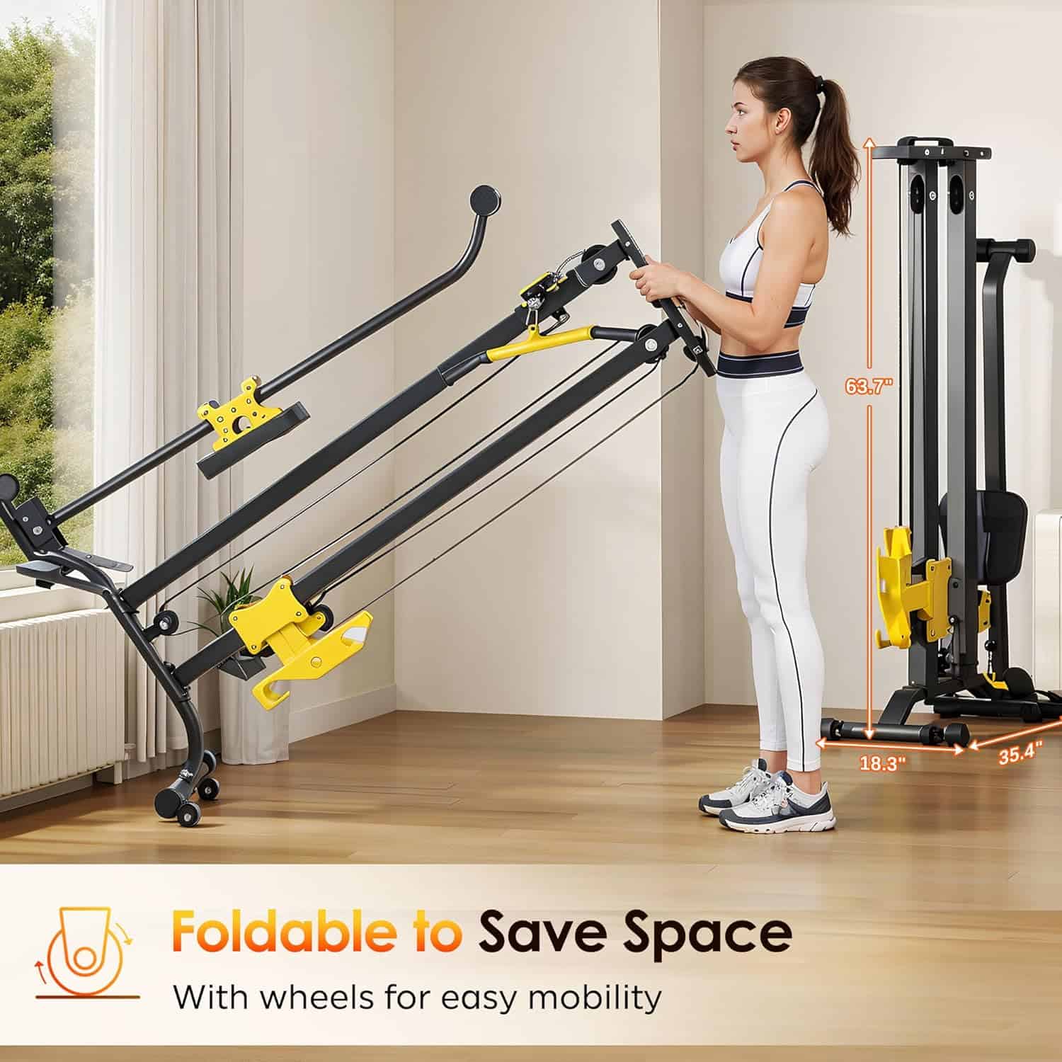 Woman using a foldable exercise machine in a home setting with text highlighting its portability.