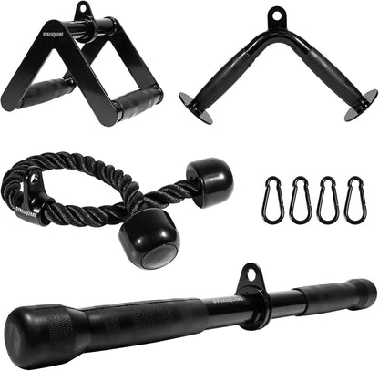 Collection of black gym equipment including handles, ropes, and bars on a white background.