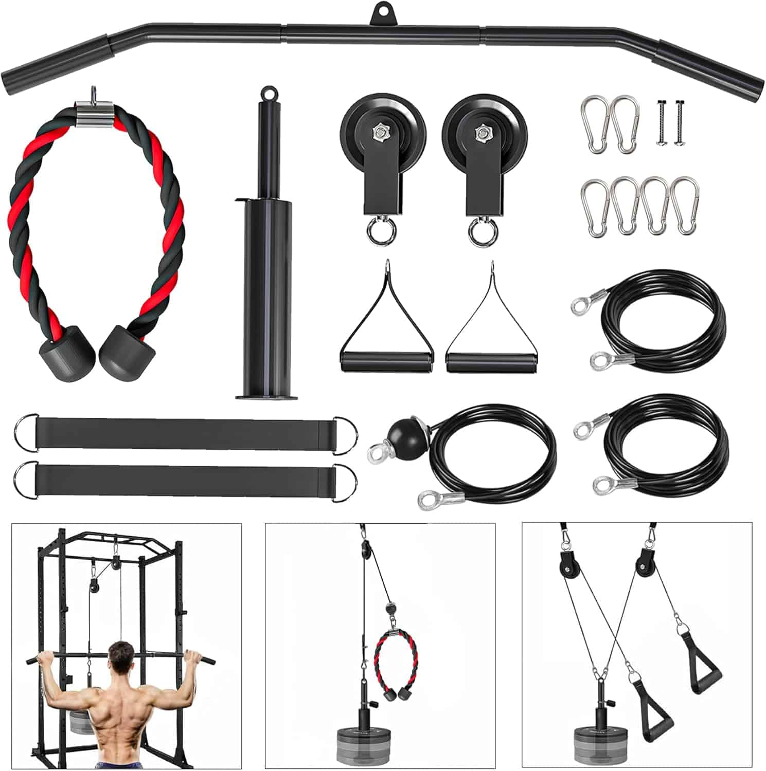 Collection of fitness equipment including resistance bands, pulleys, and pull-up bars on a white background.
