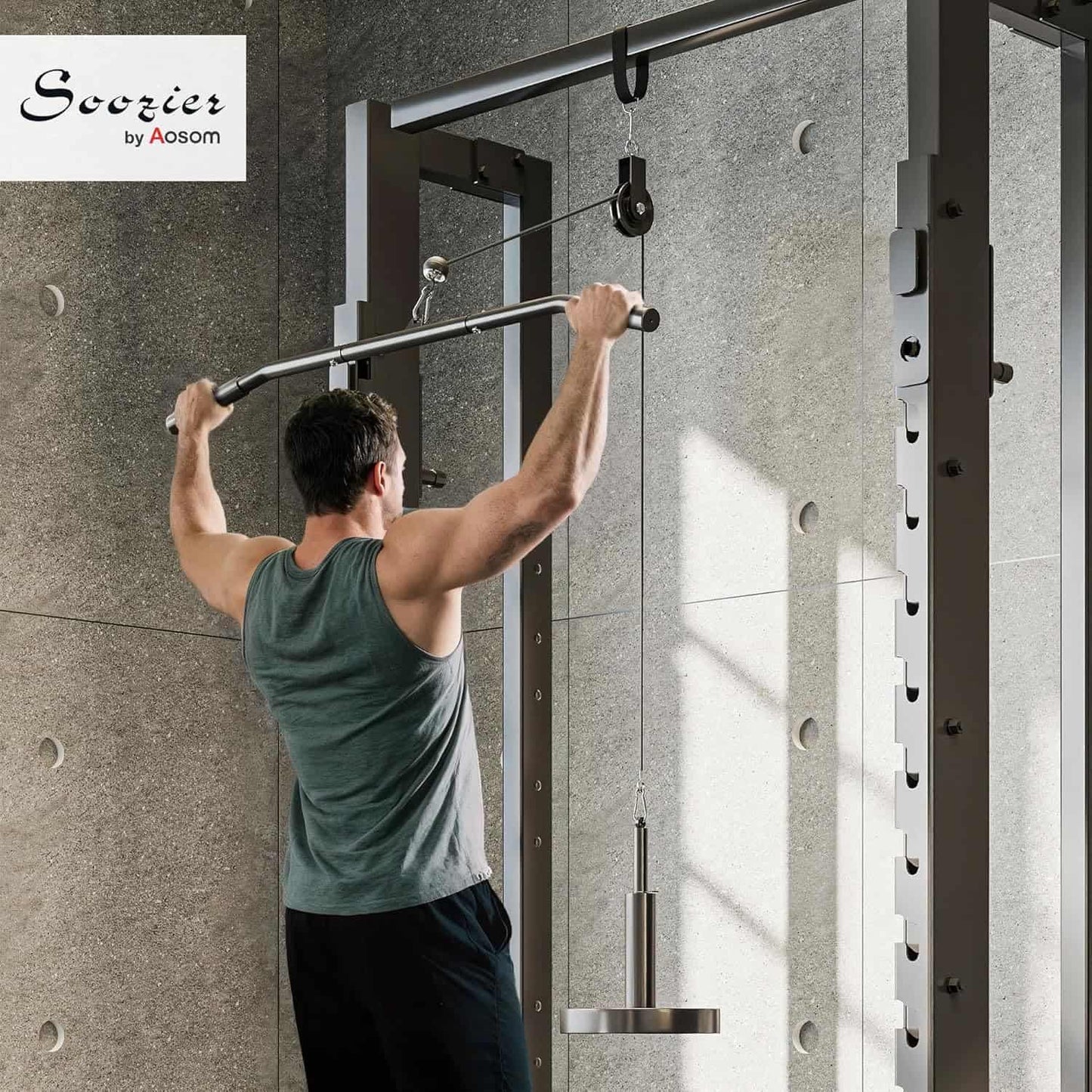 Person using a pull-up bar mounted on a wall with 'Soozier by Aosom' branding.
