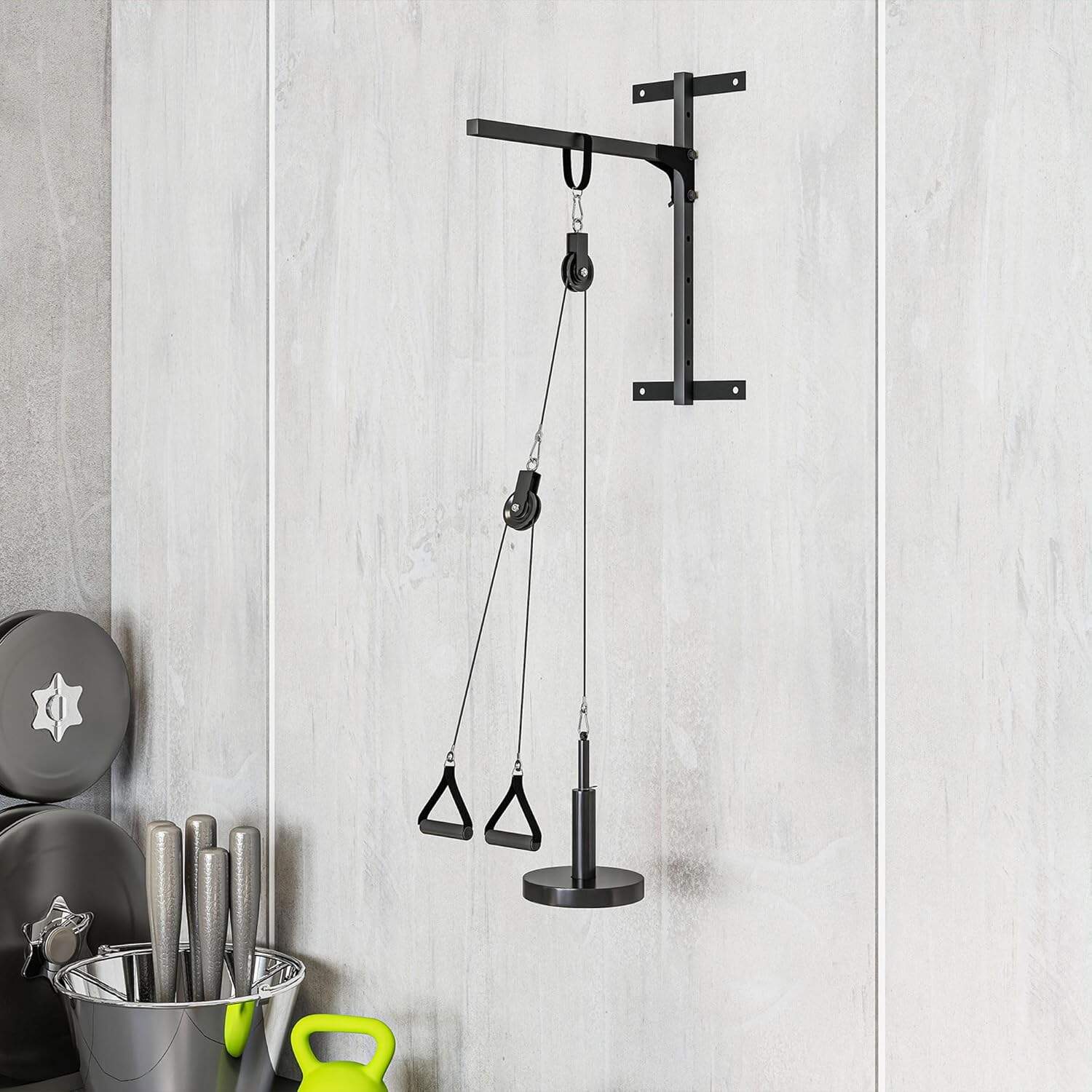 Wall-mounted pulley system with gym equipment on a light gray wall.