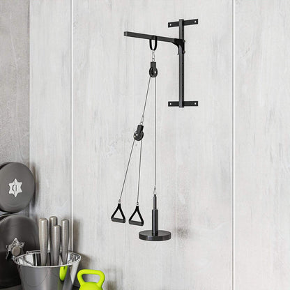 Wall-mounted pulley system with gym equipment on a light gray wall.