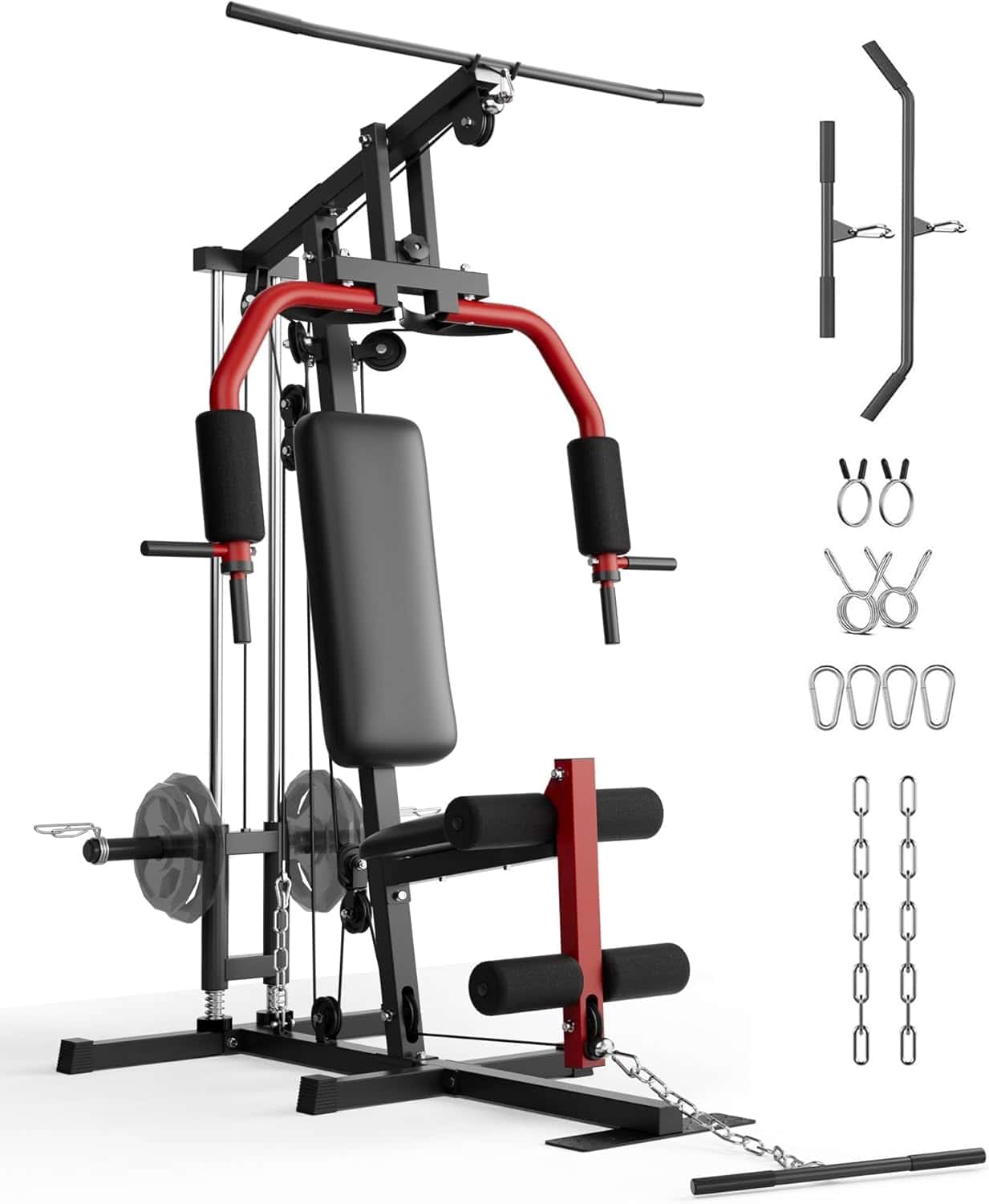 Gym equipment set with weights and attachments on a white background