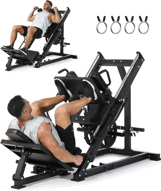 Leg press machine with a person using it, accompanied by resistance rings on a white background.