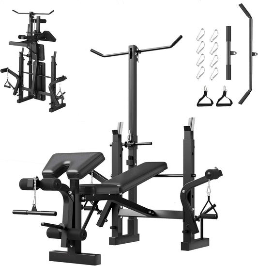 ActiveTrail Adjustable Olympic Weight Bench Set with Rack – 900LBS Multi-Function Bench Press with Leg Extension & Preacher Curl Pad ActiveTrail