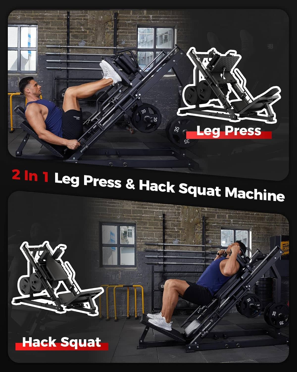 2-in-1 Leg Press Hack Squat Machine Combo – 1500 LB Adjustable Heavy-Duty Lower Body Workout Equipment with Linear Bearings for Home Gym ActiveTrail