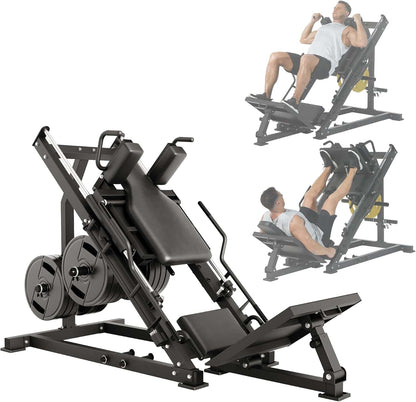 Gym leg press machine with users exercising on a white background