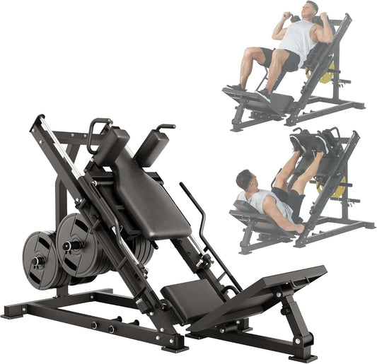 Gym leg press machine with users exercising on a white background
