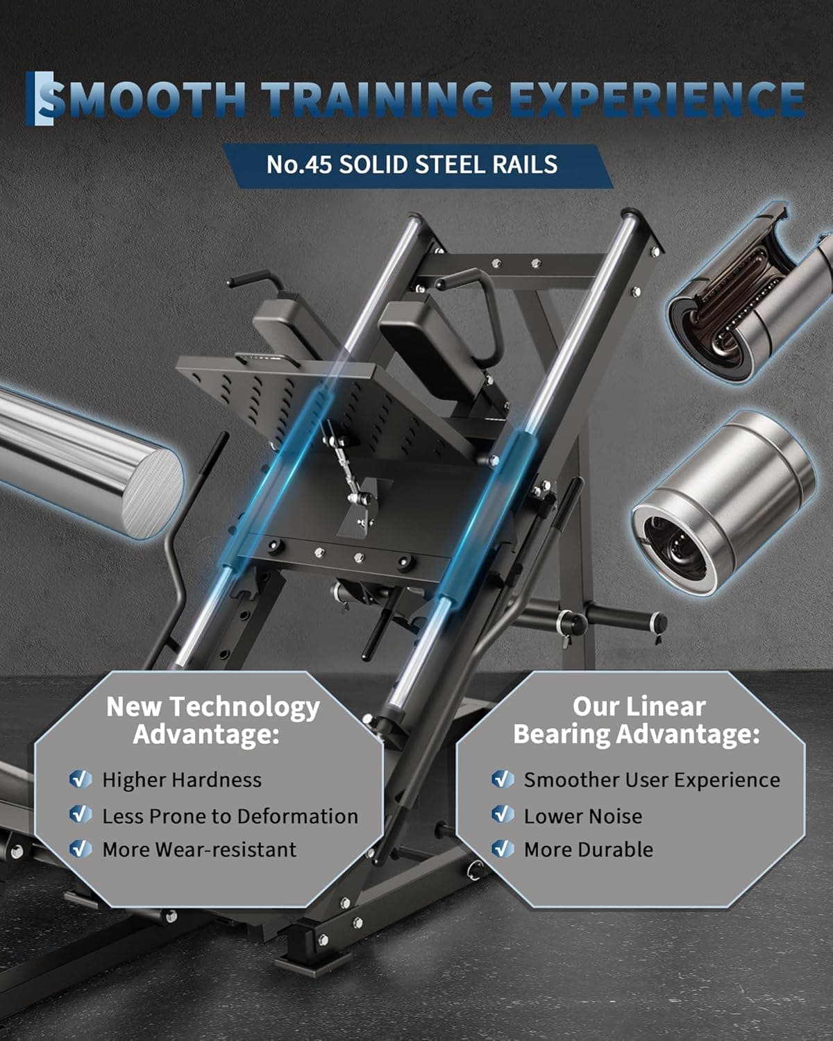Gym equipment with solid steel rails and linear bearings, highlighting features on a dark background.