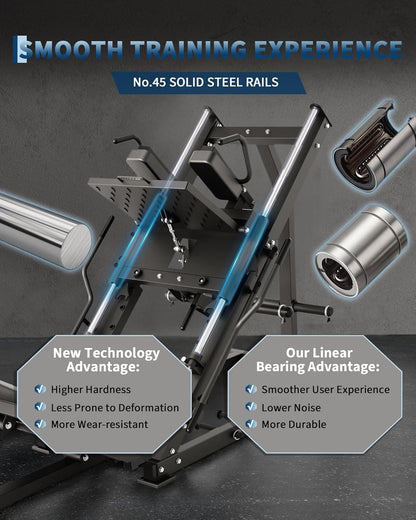 Gym equipment with solid steel rails and linear bearings, highlighting features on a dark background.