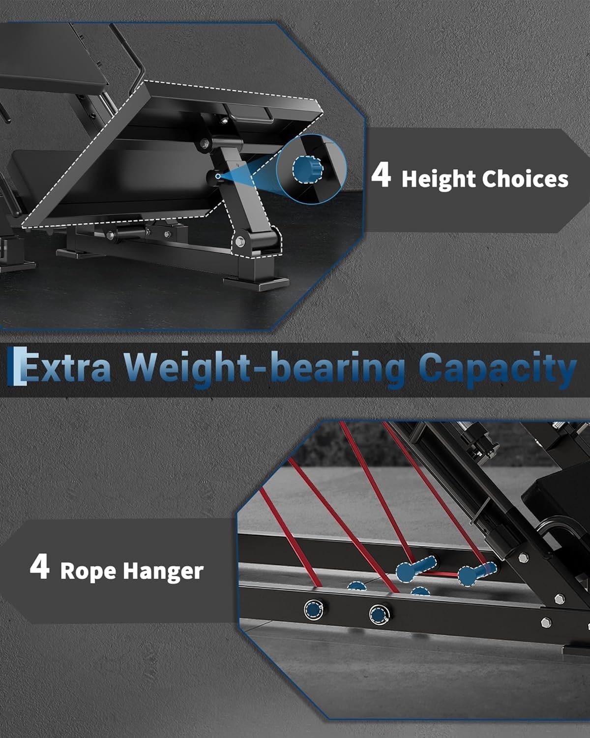 Product features with text highlighting height choices, weight-bearing capacity, and rope hanger on a dark background.