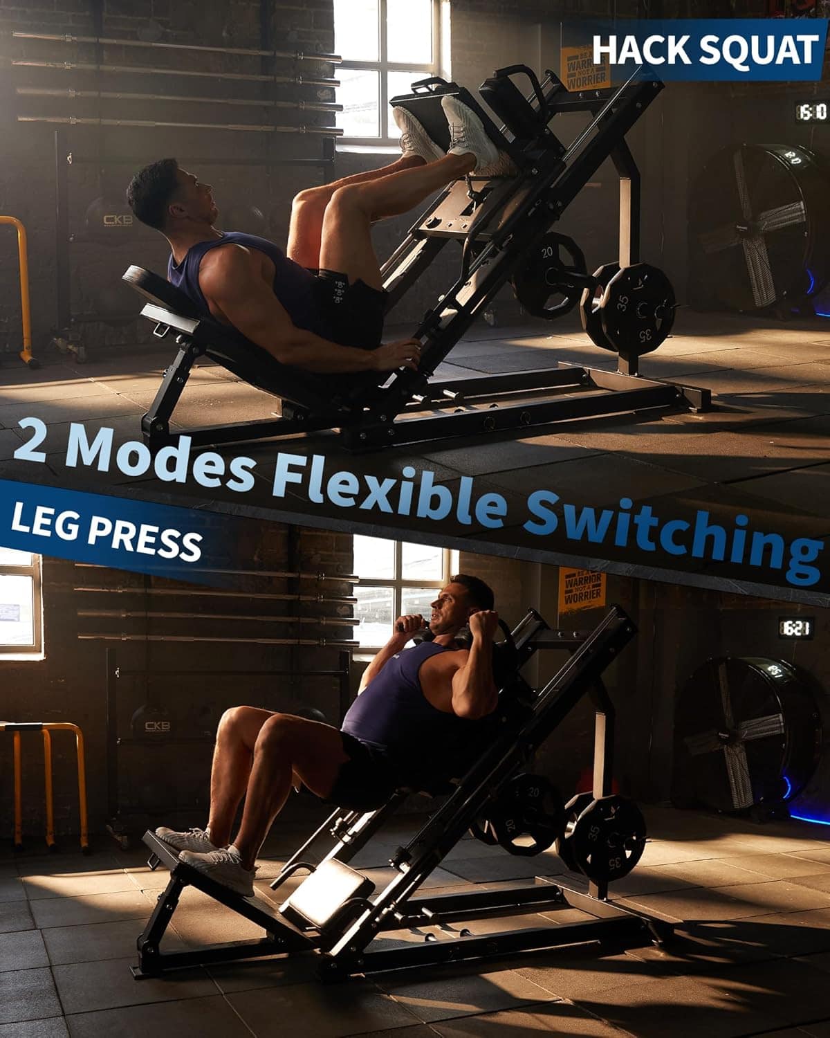 Person using a leg press machine with promotional text about modes and switching.