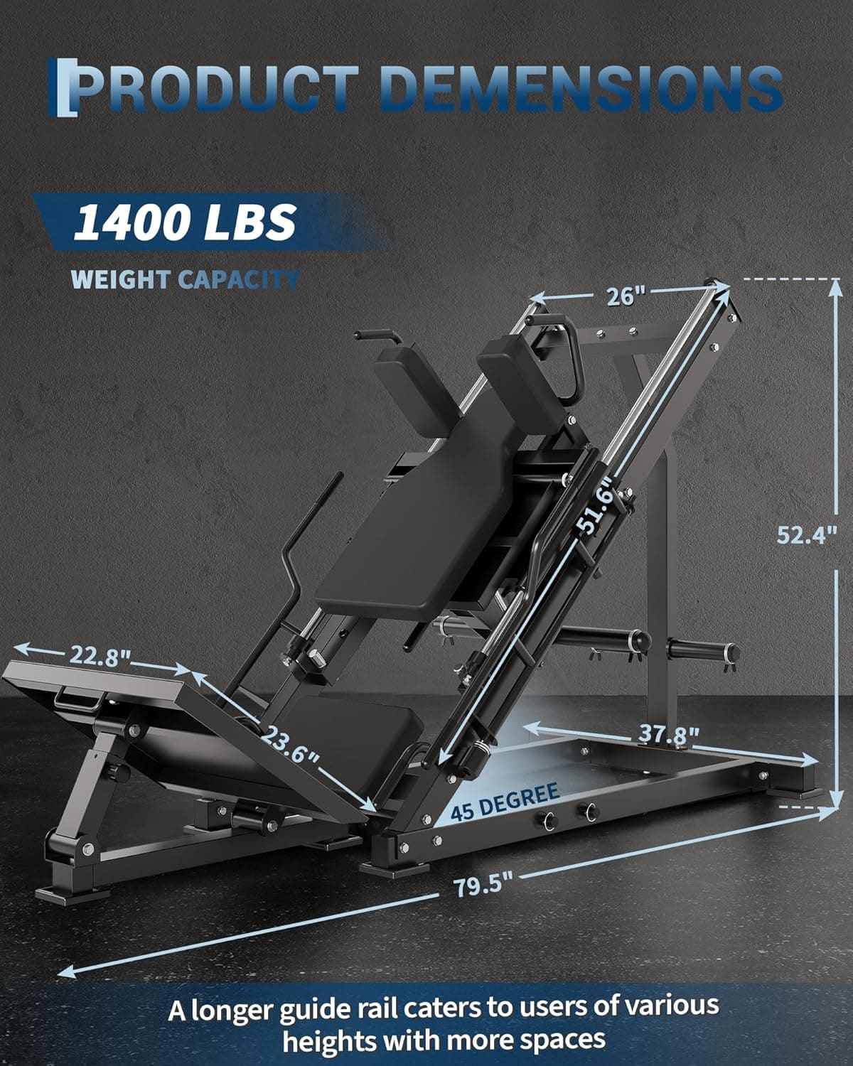 Gym machine with dimensions and weight capacity on a dark background