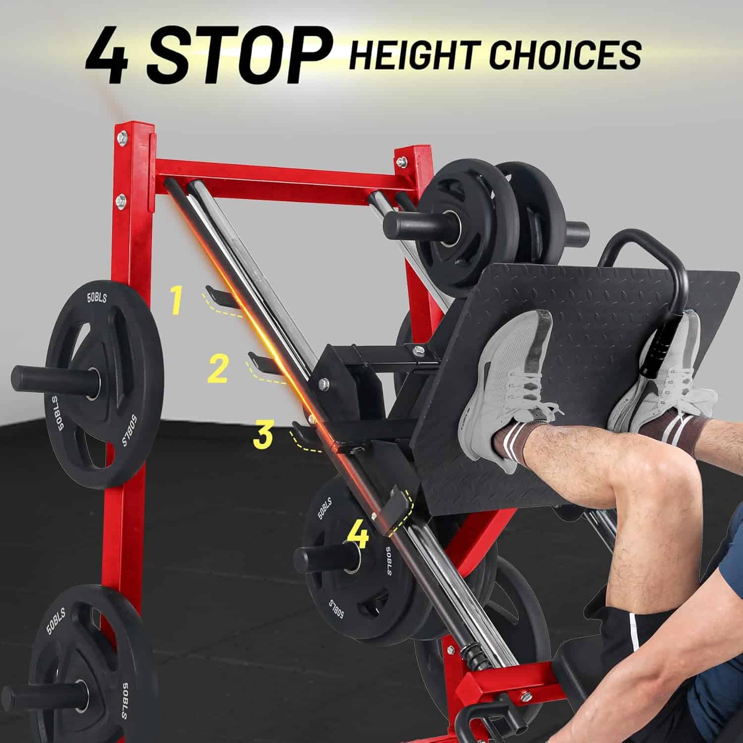 Gym machine with weight plates and a person using it, labeled for height choices.