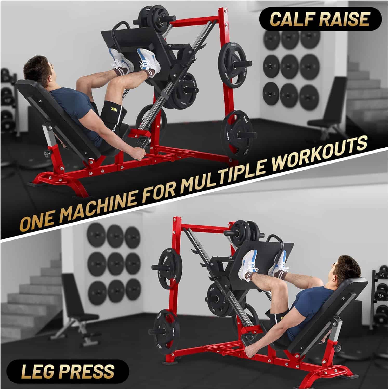 Gym machine used for calf raises and leg presses with text indicating multiple workouts.